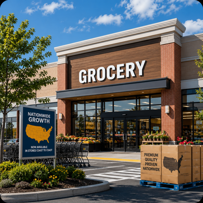 Grocery store entrance with shopping carts, produce displays, and nationwide distribution signage